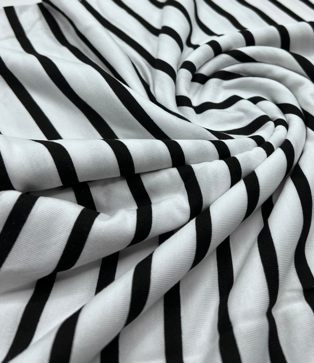 White Black Stripe Print Viscose Elastane Fabric