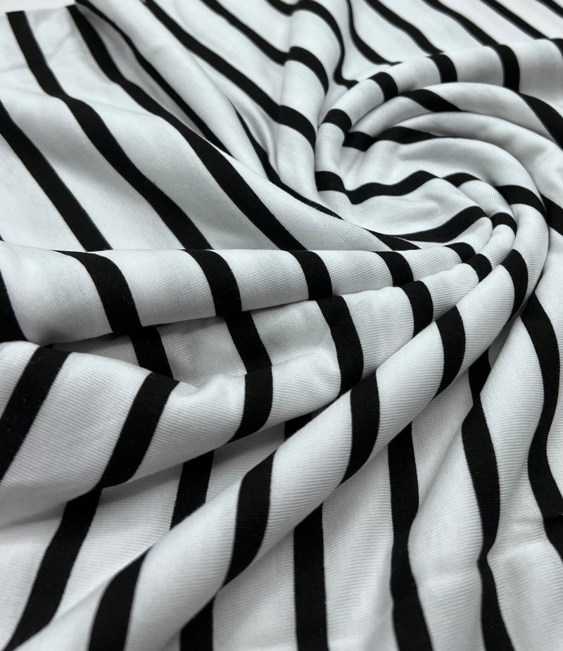 White Black Stripe Print Viscose Elastane Fabric