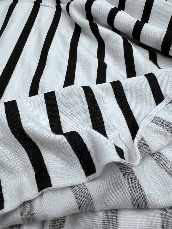 White Black Stripe Print Viscose Elastane Fabric