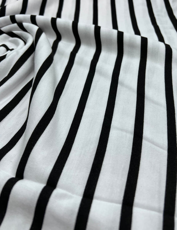 White Black Stripe Print Viscose Elastane Fabric