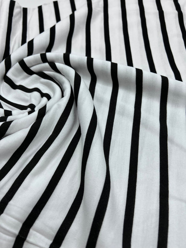 White Black Stripe Print Viscose Elastane Fabric