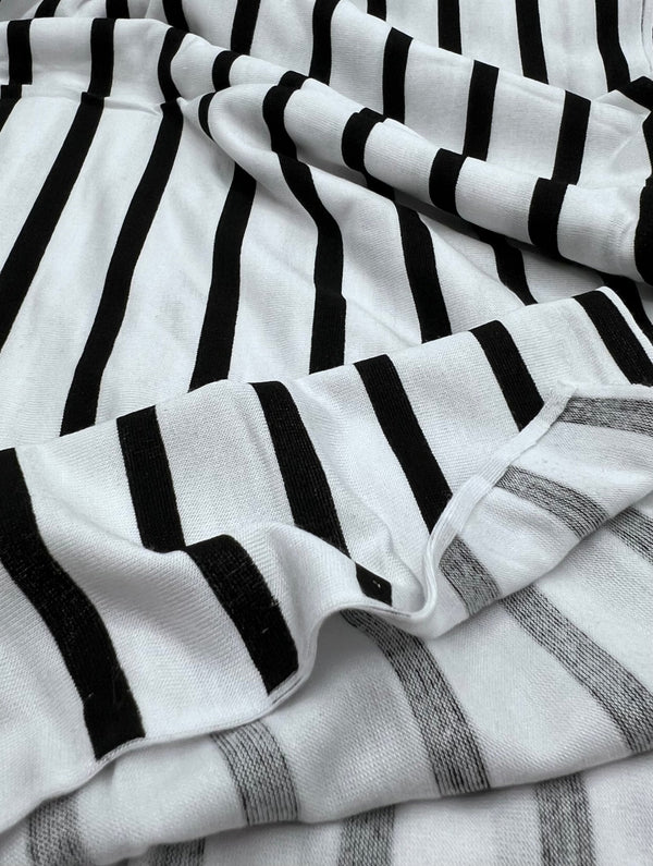 White Black Stripe Print Viscose Elastane Fabric