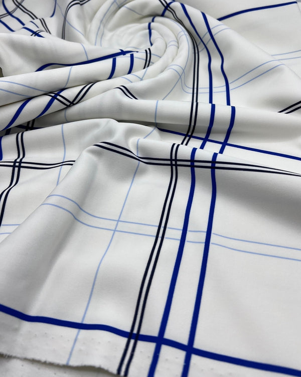 White Blue Check Printed Scuba Crepe Jersey Fabric 4 Way Stretch