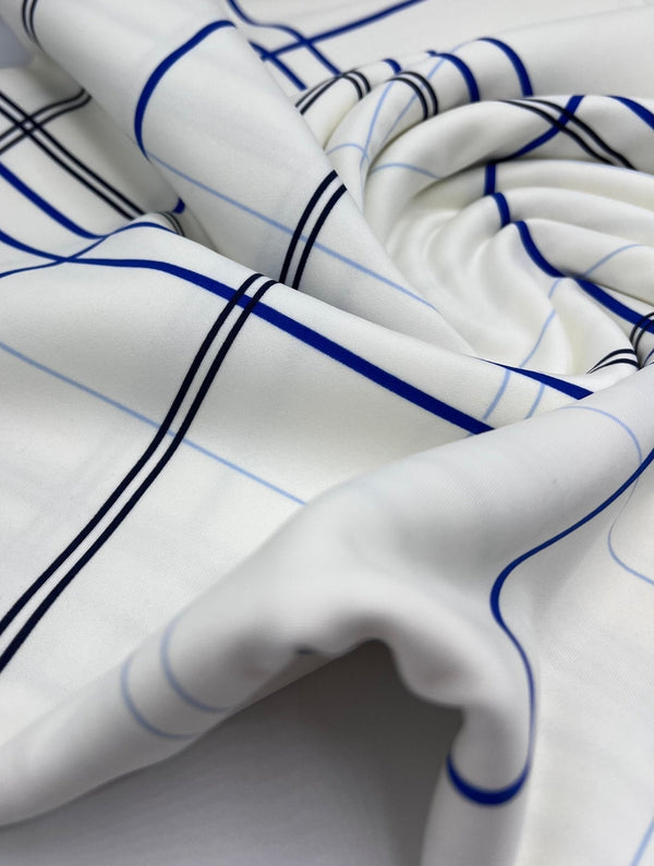 White Blue Check Printed Scuba Crepe Jersey Fabric 4 Way Stretch