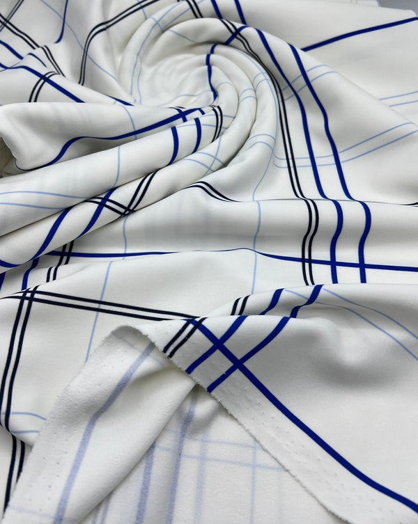 White Blue Check Printed Scuba Crepe Jersey Fabric 4 Way Stretch