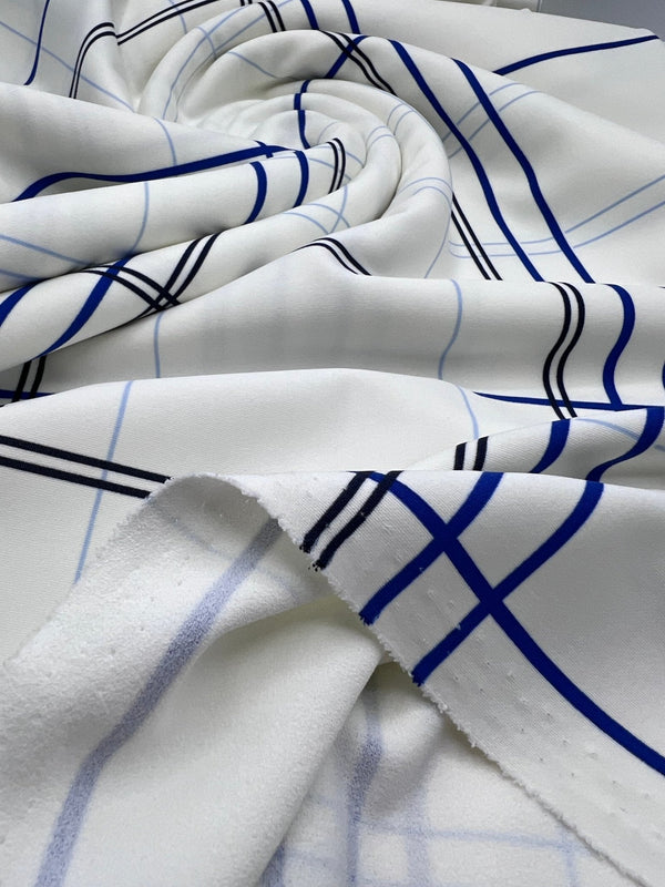 White Blue Check Printed Scuba Crepe Jersey Fabric 4 Way Stretch