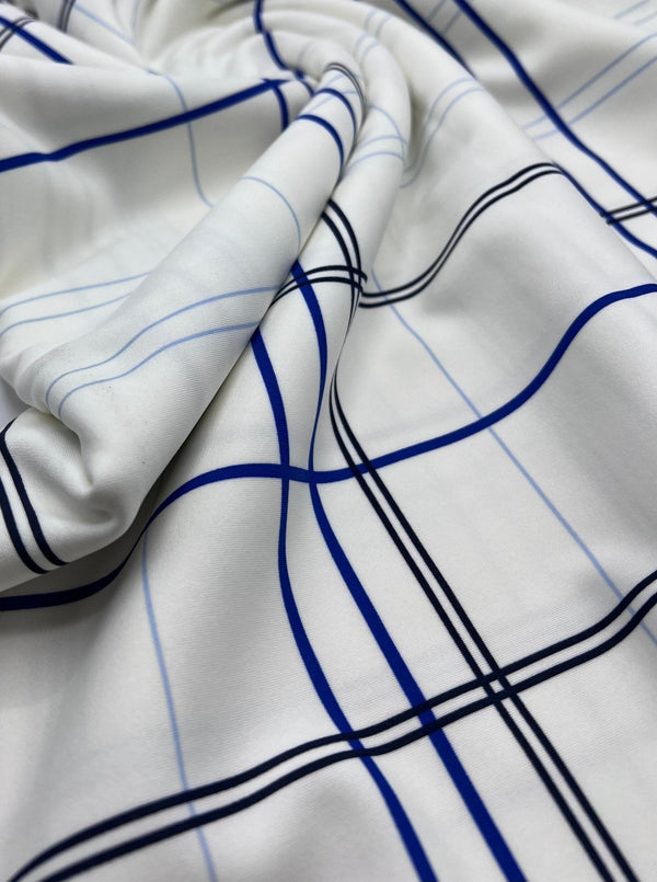 White Blue Check Printed Scuba Crepe Jersey Fabric 4 Way Stretch