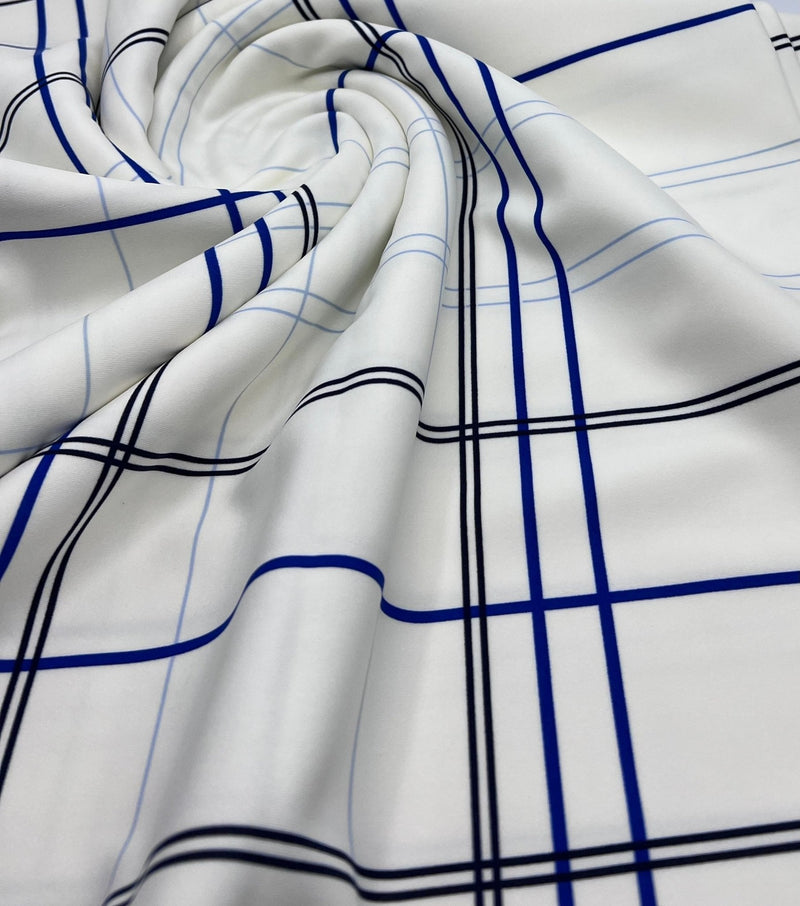 White Blue Check Printed Scuba Crepe Jersey Fabric 4 Way Stretch