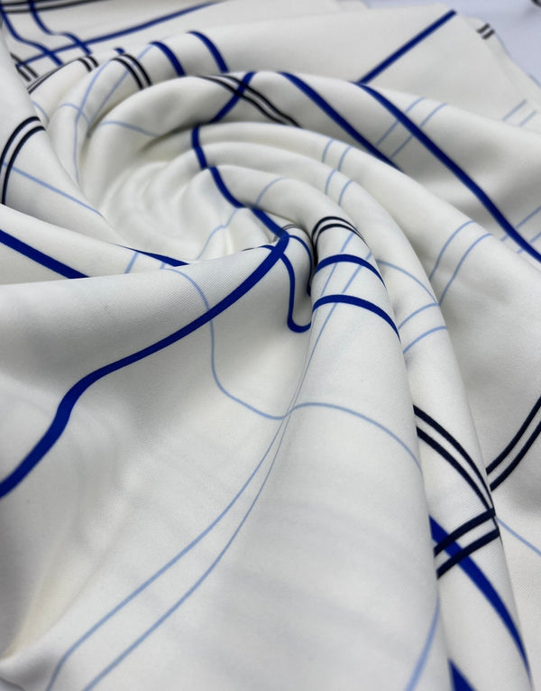 White Blue Check Printed Scuba Crepe Jersey Fabric 4 Way Stretch