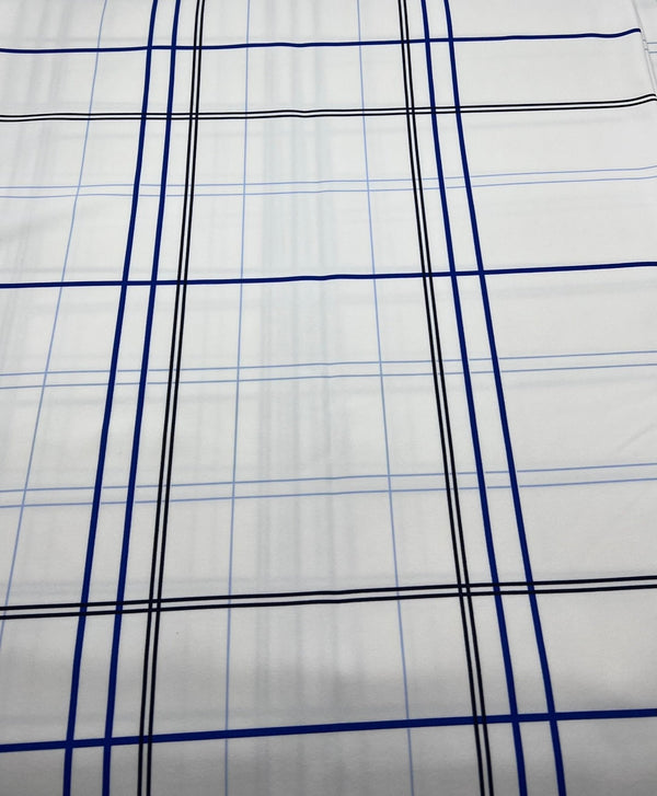 White Blue Check Printed Scuba Crepe Jersey Fabric 4 Way Stretch