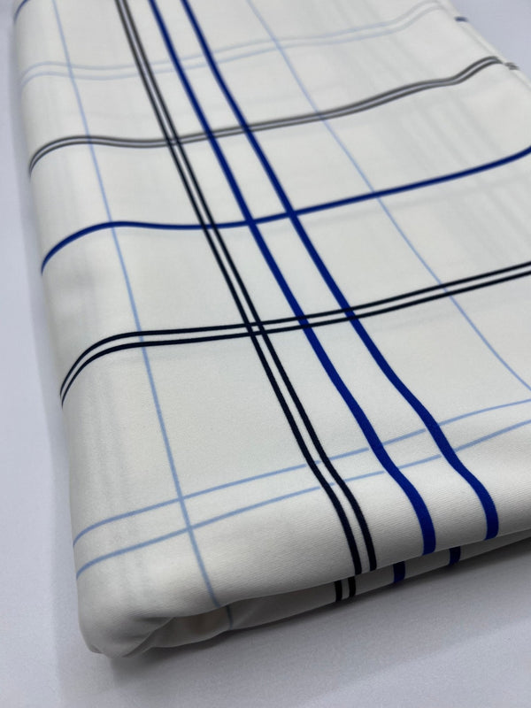 White Blue Check Printed Scuba Crepe Jersey Fabric 4 Way Stretch