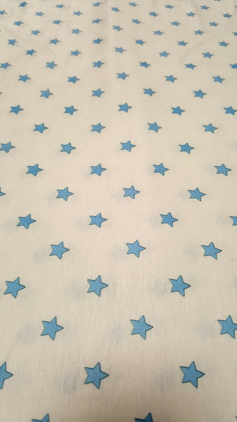 White Blue Star Print Spun Poly Stretch Fabric