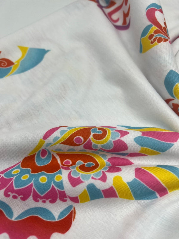 White Colourful Butterfly Print Spun Poly Stretch Fabric