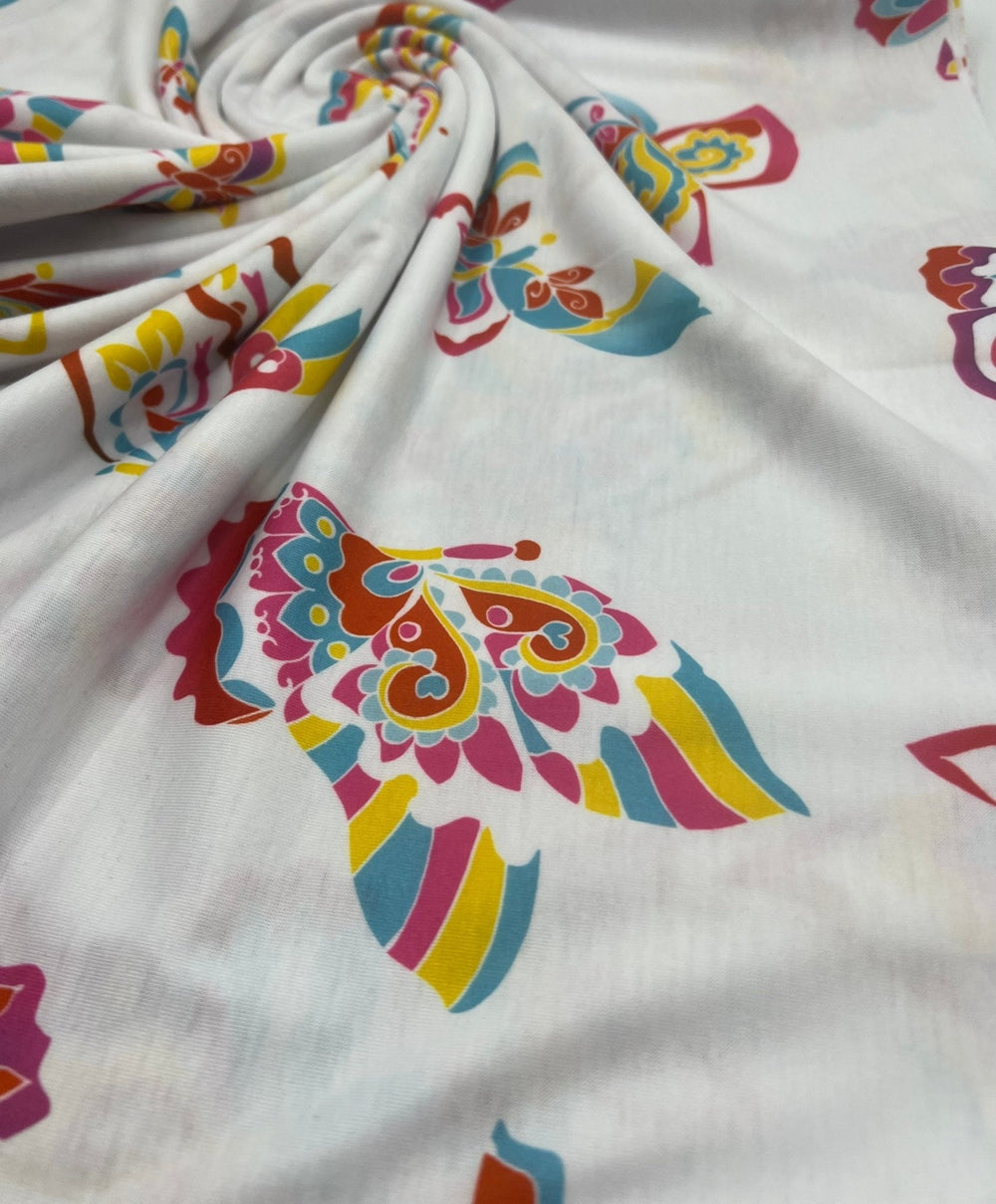 White Colourful Butterfly Print Spun Poly Stretch Fabric
