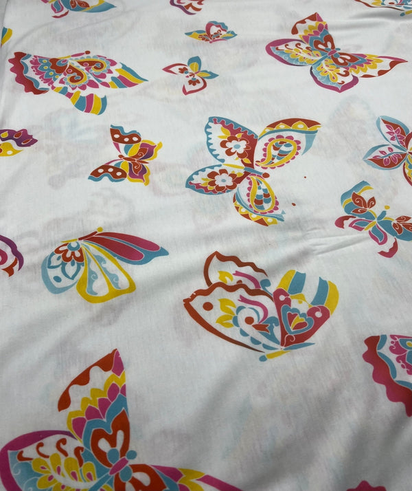 White Colourful Butterfly Print Spun Poly Stretch Fabric