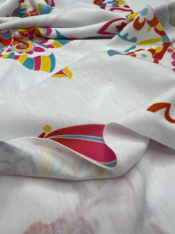 White Colourful Butterfly Print Spun Poly Stretch Fabric