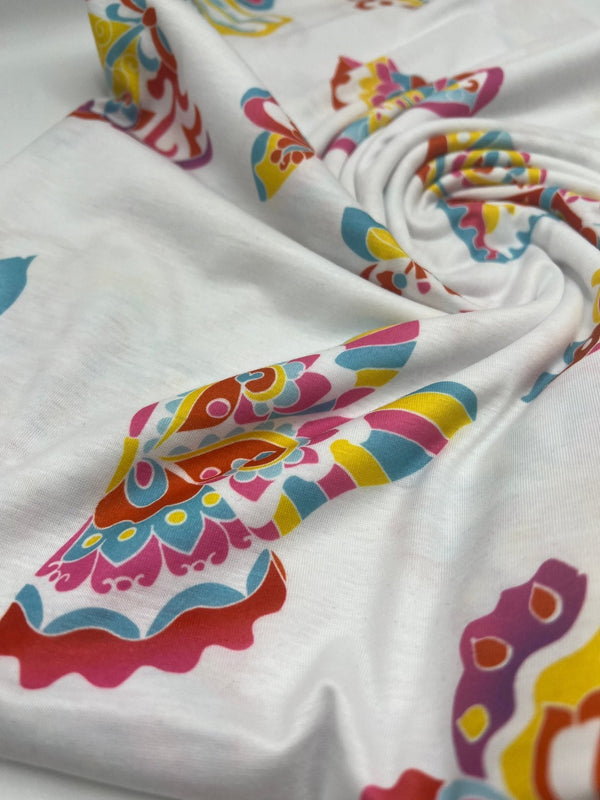 White Colourful Butterfly Print Spun Poly Stretch Fabric