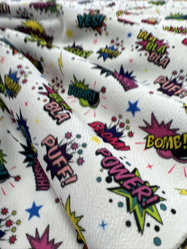 White Comic Print Liverpool Bullet Stretch Fabric