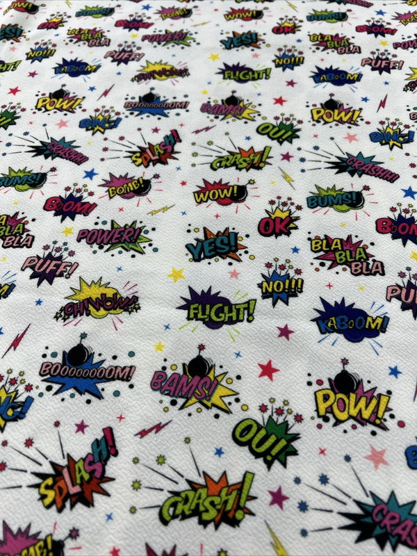 White Comic Print Liverpool Bullet Stretch Fabric