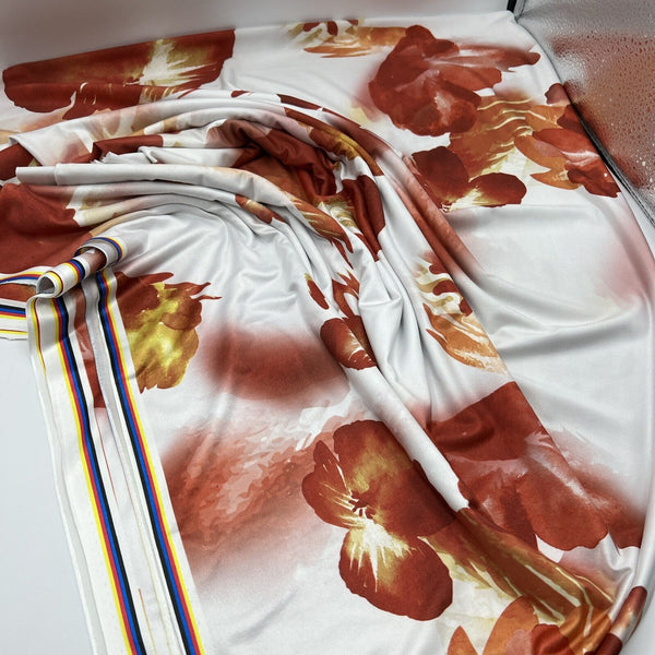White Dark Red Floral Print Soft Touch Stretch Fabric