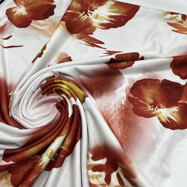 White Dark Red Floral Print Soft Touch Stretch Fabric