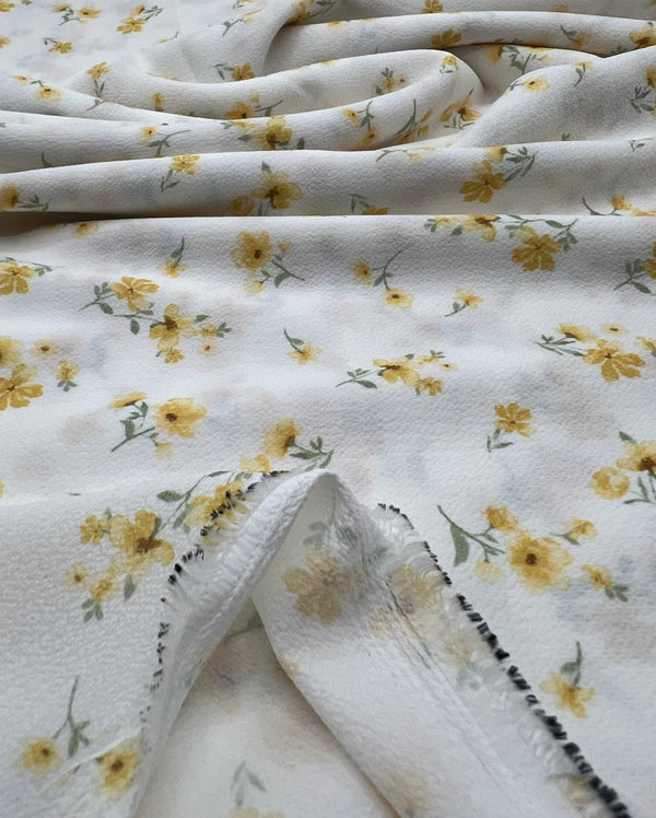 White Ditsy Yellow Floral Print Lightweight Bubble Crepe Fabric