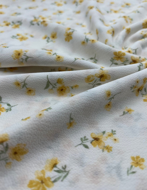 White Ditsy Yellow Floral Print Lightweight Bubble Crepe Fabric