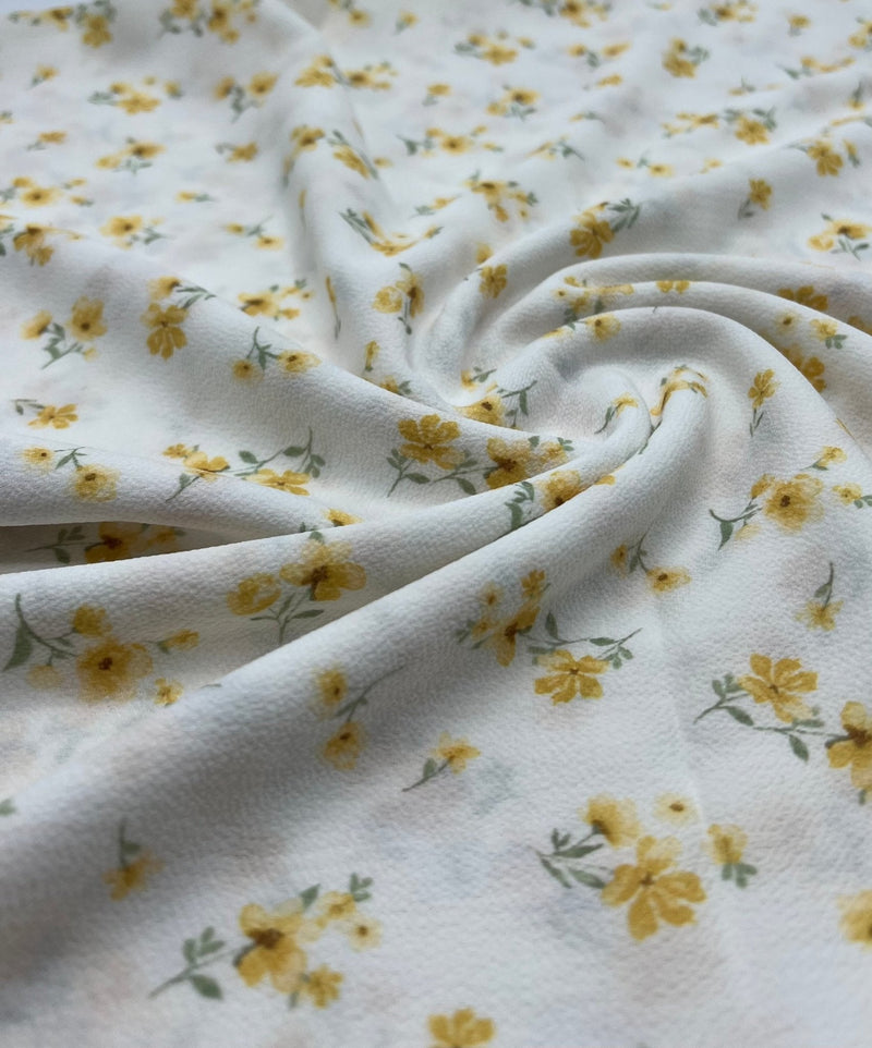 White Ditsy Yellow Floral Print Lightweight Bubble Crepe Fabric