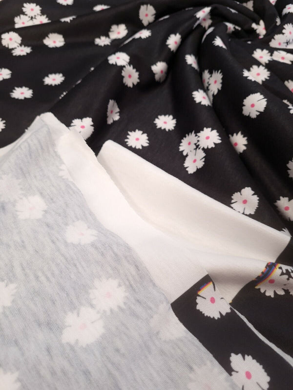 White Floral Pink Spot Print Spun Poly Stretch Fabric