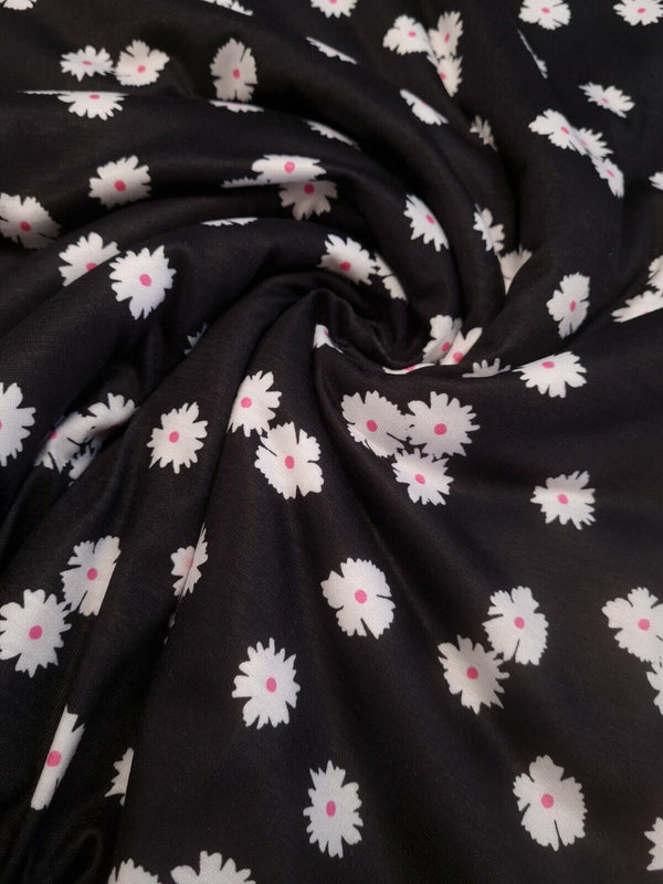 White Floral Pink Spot Print Spun Poly Stretch Fabric