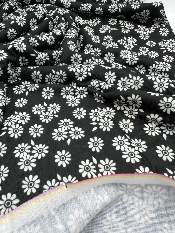 White Flower Print Spun Poly Stretch Fabric