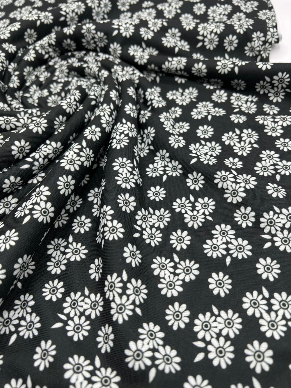 White Flower Print Spun Poly Stretch Fabric