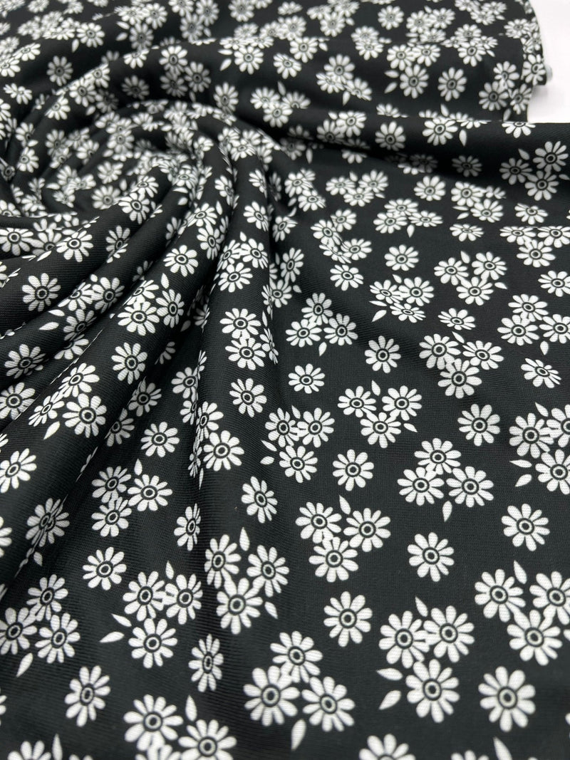 White Flower Print Spun Poly Stretch Fabric