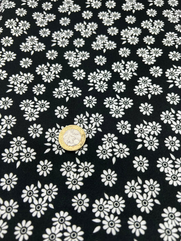 White Flower Print Spun Poly Stretch Fabric