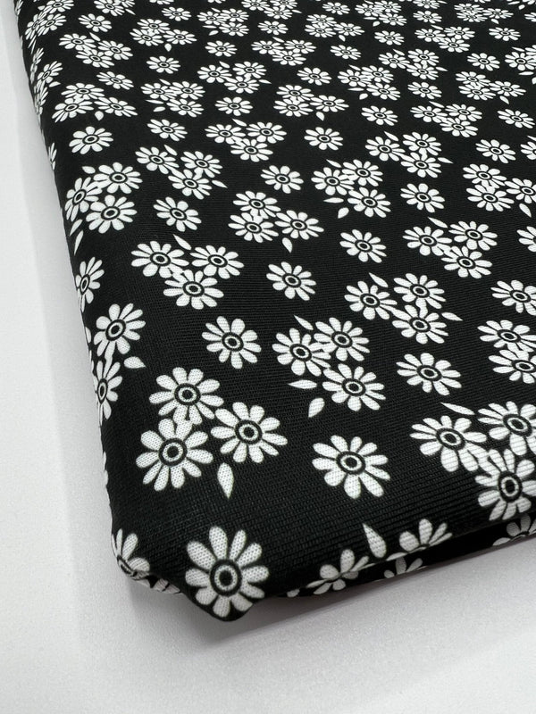 White Flower Print Spun Poly Stretch Fabric