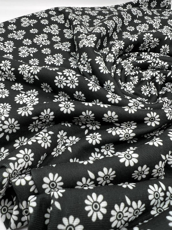 White Flower Print Spun Poly Stretch Fabric