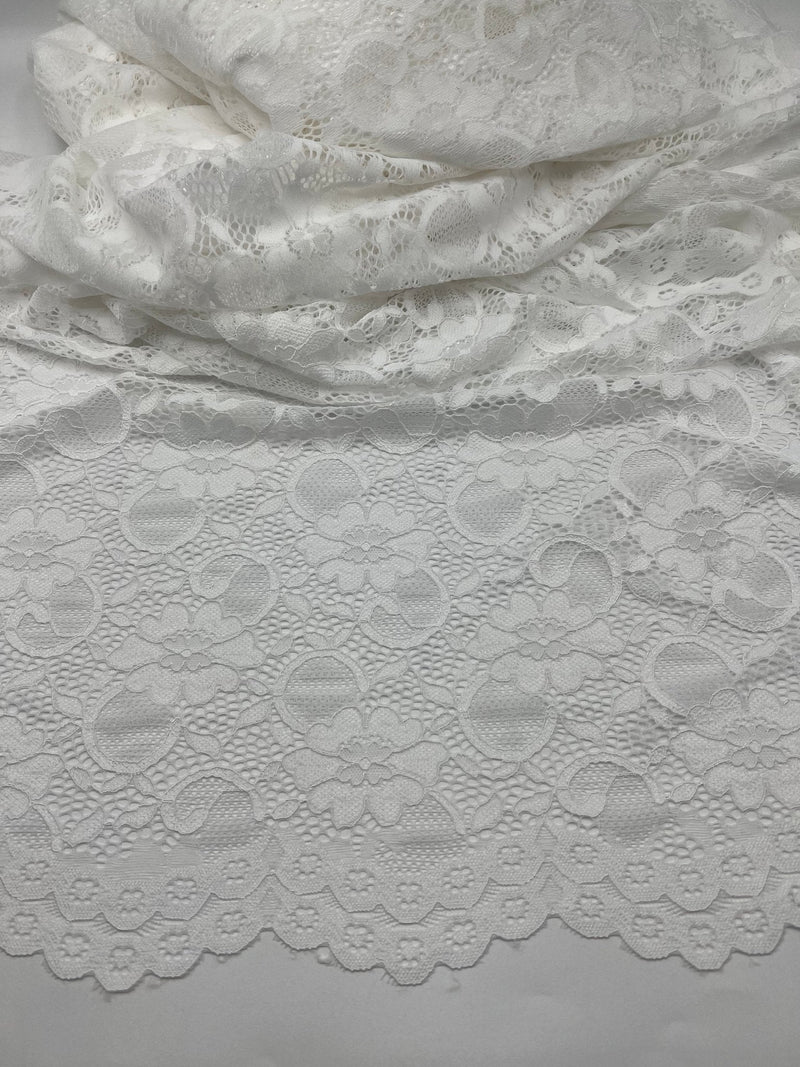 Off White Flower Scalloped Edge Floral Lace Fabric Stretch