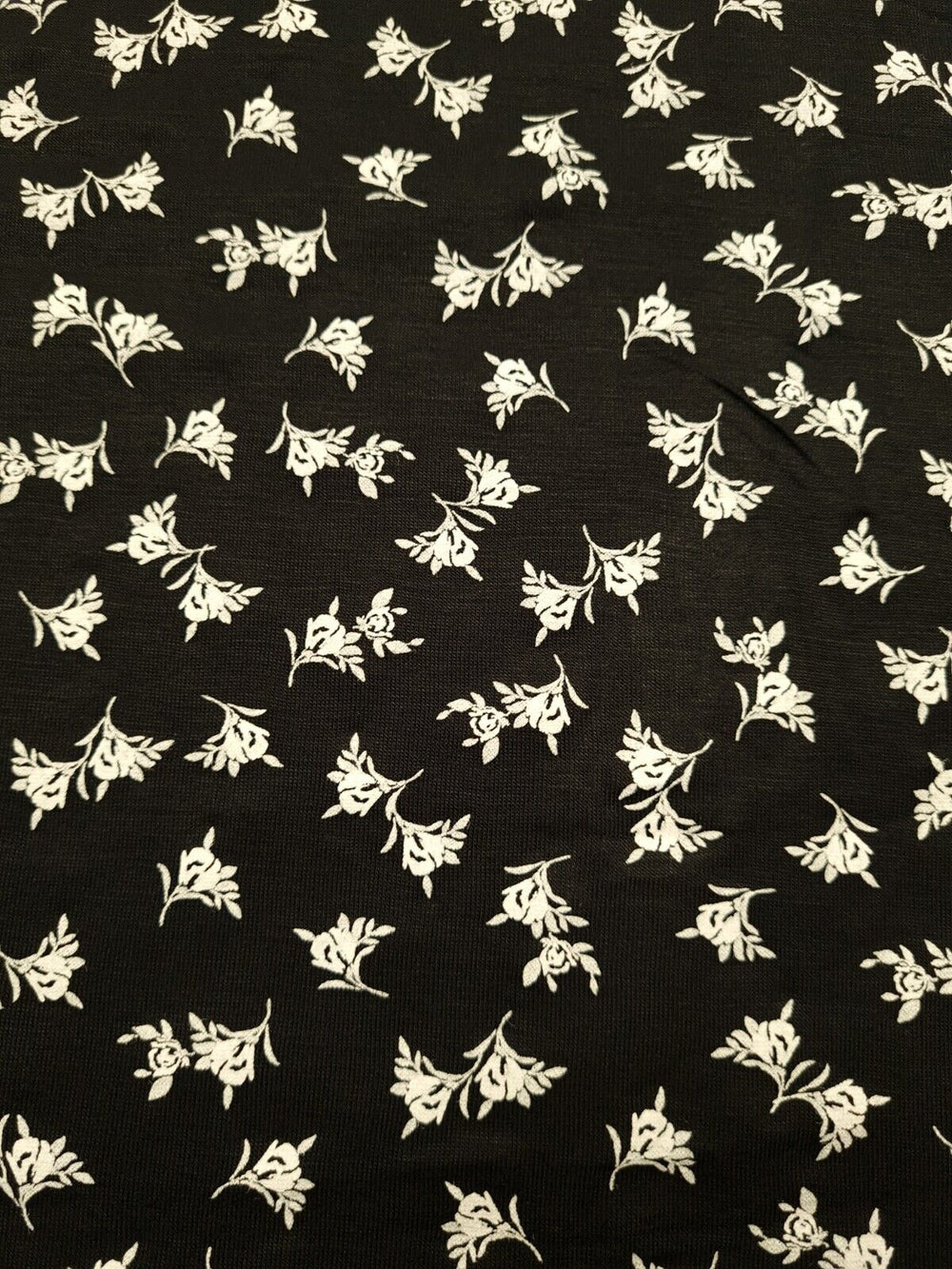 White Flower Small Print Black Viscose Elastane Fabric