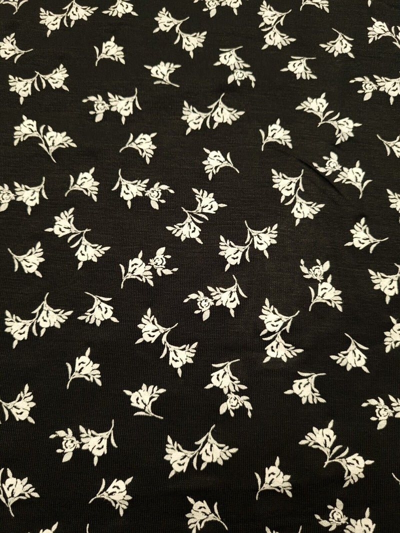 White Flower Small Print Black Viscose Elastane Fabric