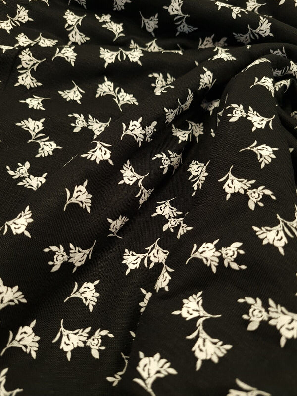 White Flower Small Print Black Viscose Elastane Fabric