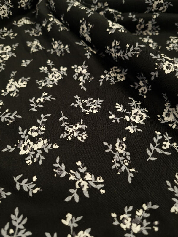 White & Grey Flower Print Black Viscose Elastane Fabric
