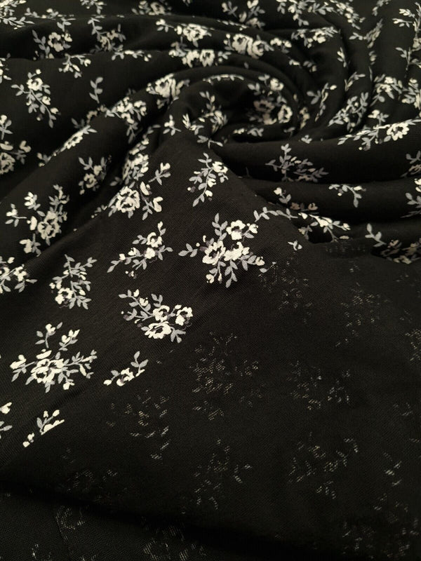 White & Grey Flower Print Black Viscose Elastane Fabric