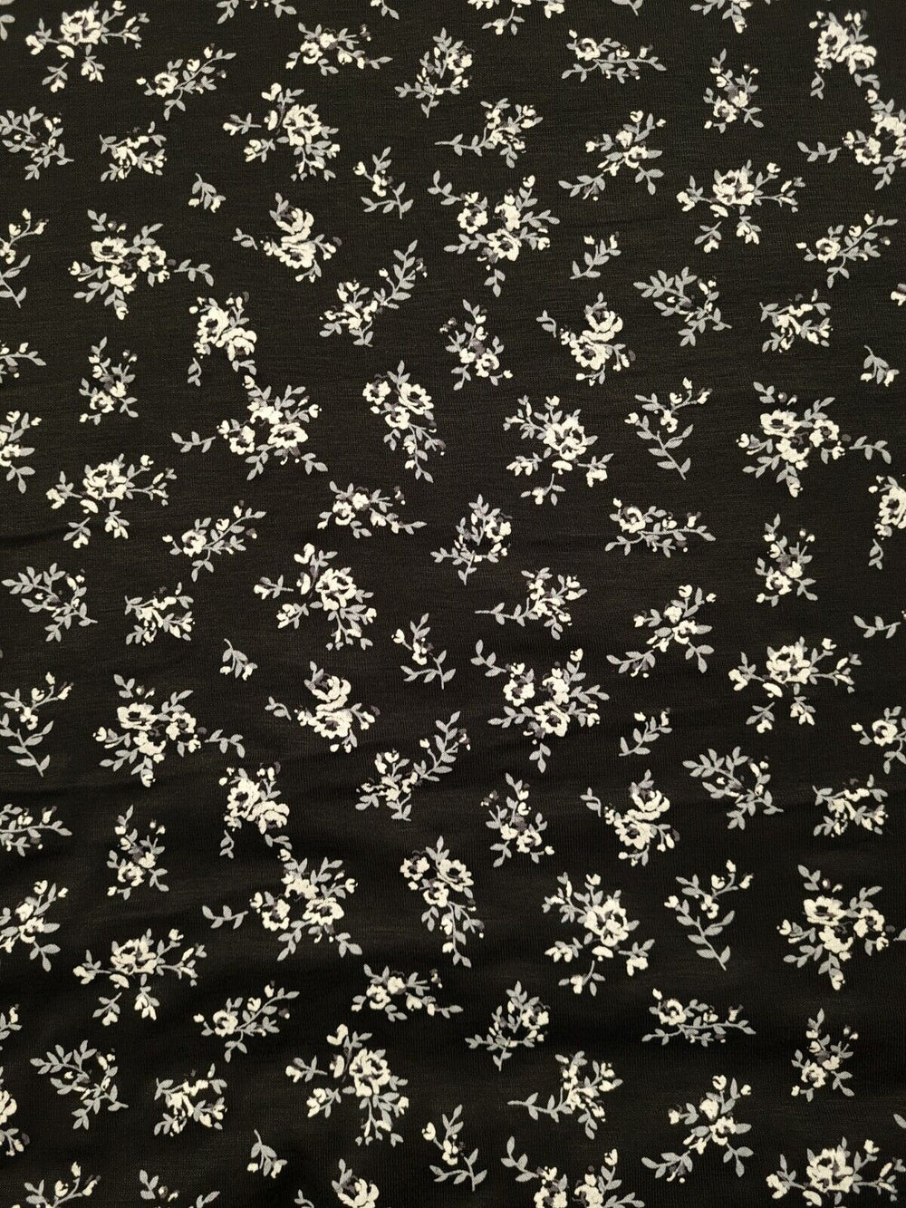 White & Grey Flower Print Black Viscose Elastane Fabric