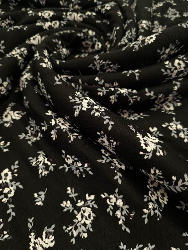 White & Grey Flower Print Black Viscose Elastane Fabric