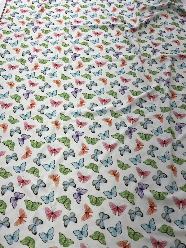 White Multi Butterfly Printed Scuba Crepe Jersey Fabric 4 Way Stretch