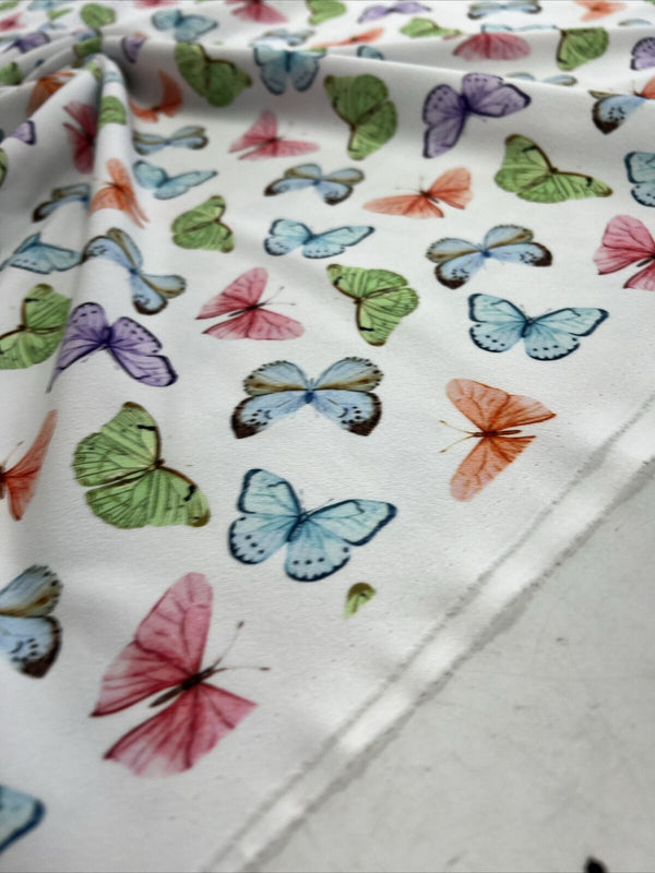 White Multi Butterfly Printed Scuba Crepe Jersey Fabric 4 Way Stretch
