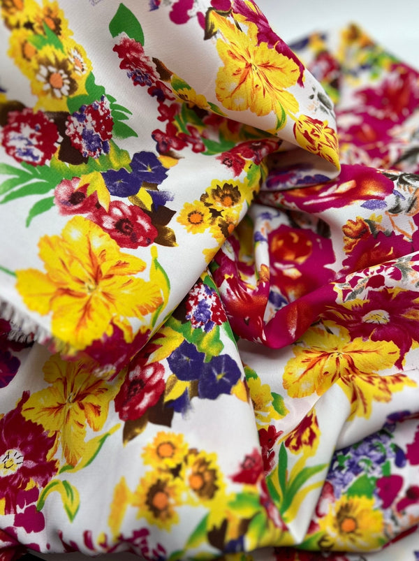 White Multi Colour Floral Non Stretch Woven Fabric