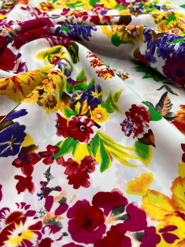 White Multi Colour Floral Non Stretch Woven Fabric