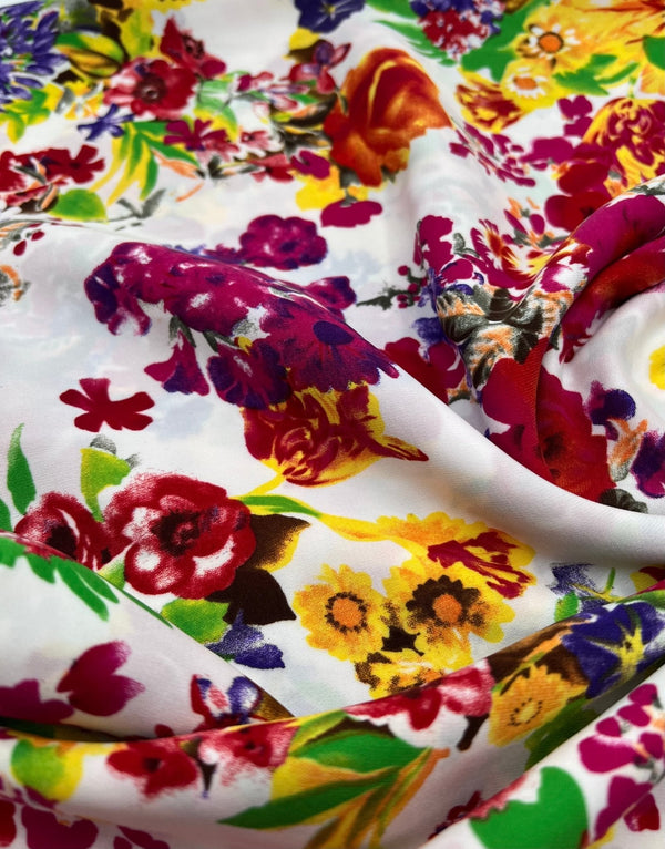White Multi Colour Floral Non Stretch Woven Fabric
