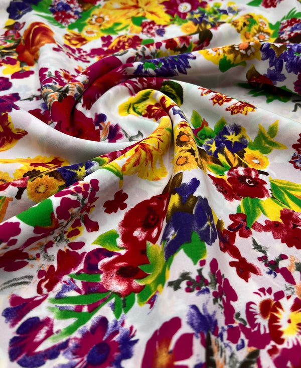 White Multi Colour Floral Non Stretch Woven Fabric